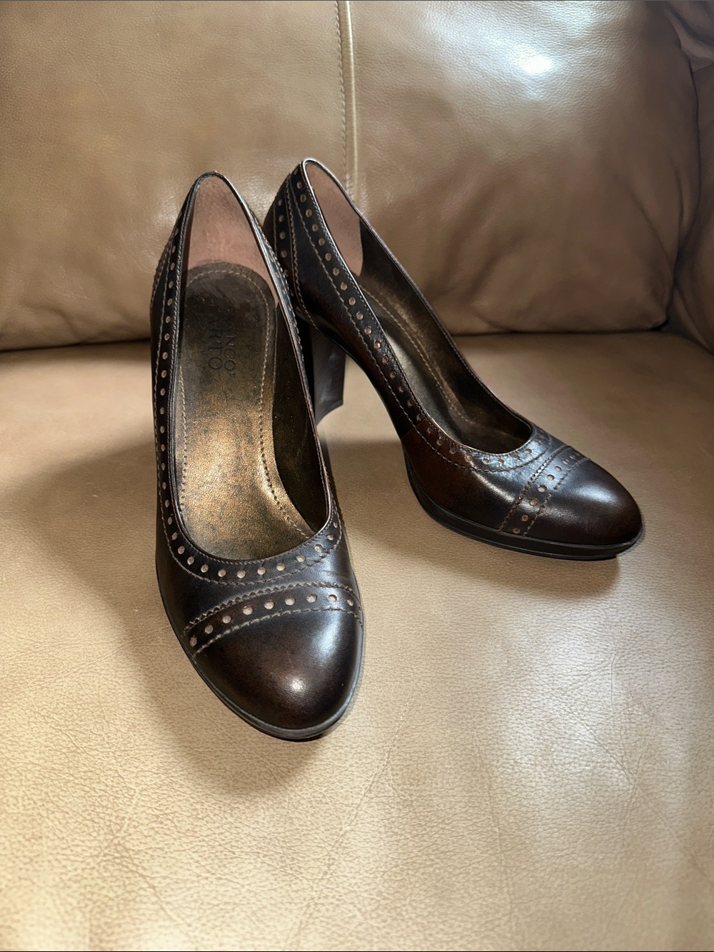 Franco Sarto Dark Brown Leather Punched Block Heel Pumps Size 8.5 M